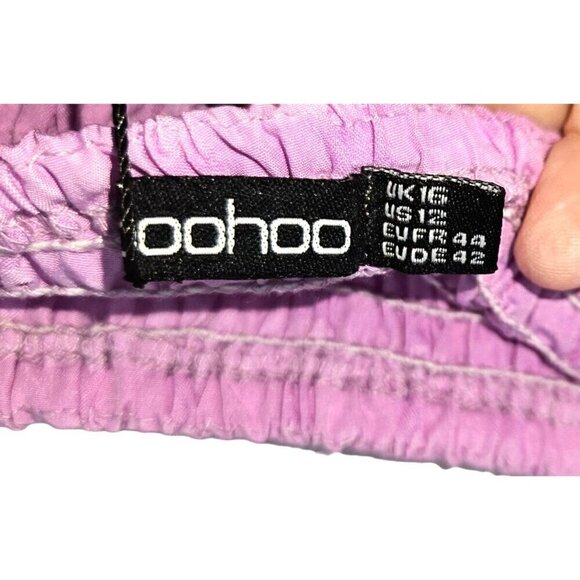 Boohoo Smocked Shirred Mini Skirt Womens Sz 12 Ruffle Purple Lilac Stretch NEW - Picture 5 of 6
